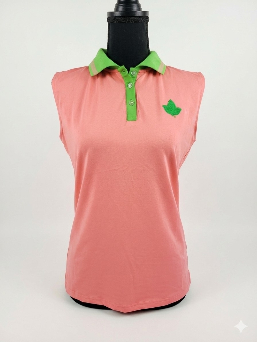 Vintage Coral Sleeveless Polo Tank with Green Contrast Collar